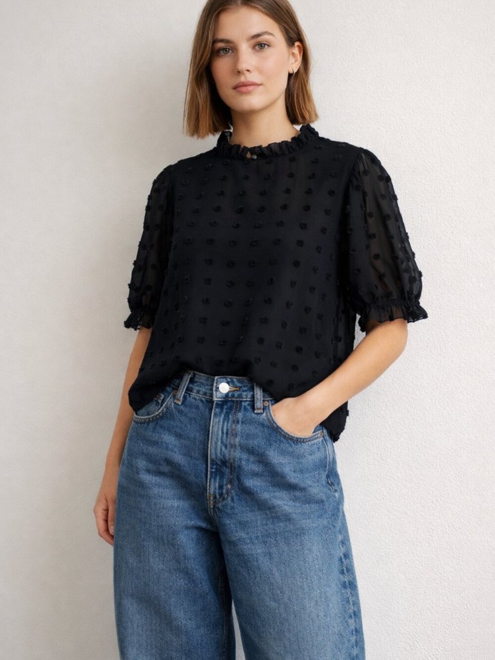 Shein Curve Blouse Swiss Dot Short Sleeve Black Top Sheer 3X Ruffle Mock Neck